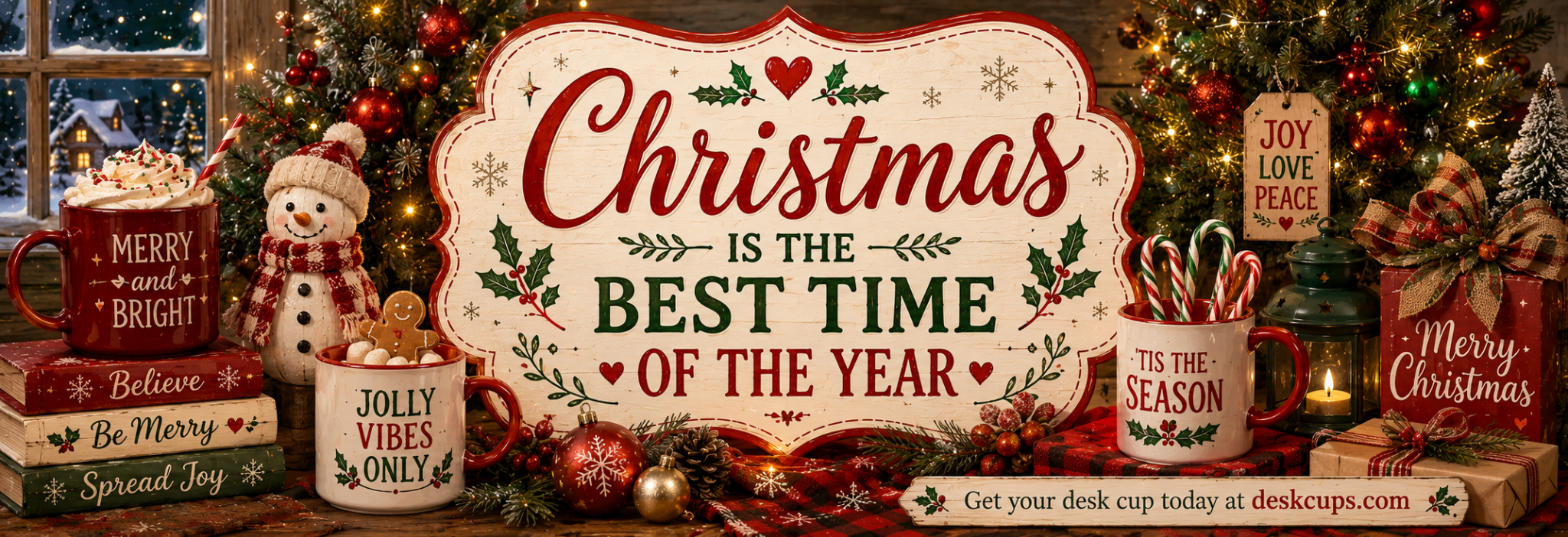 Christmas Desk Cup artwork with a snowman, decorated trees and holiday decorations