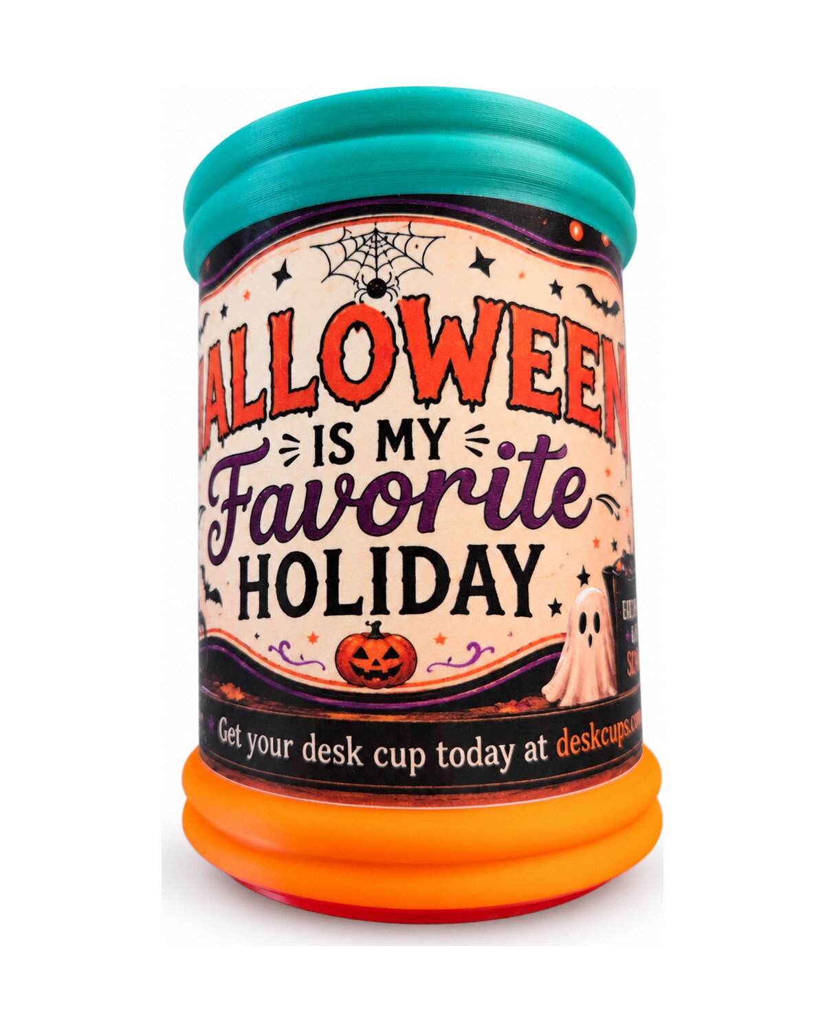 Rotating view of a colorful Halloween Desk Cup on a clean white background