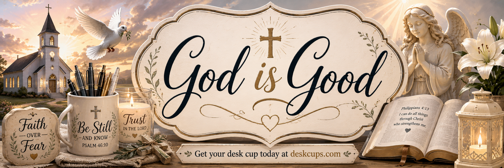 God Is Good faith-inspired Desk Cup artwork with a church, angel, Bible and lilies