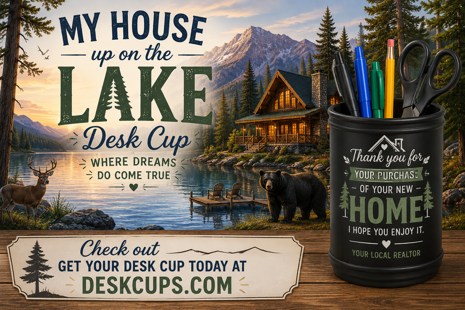 Lake house Desk Cup artwork with a mountain lake, cabin, wildlife and a finished cup