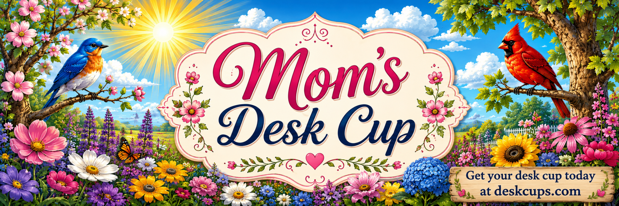 Mom's Desk Cup artwork with colorful flowers, a bluebird and a cardinal